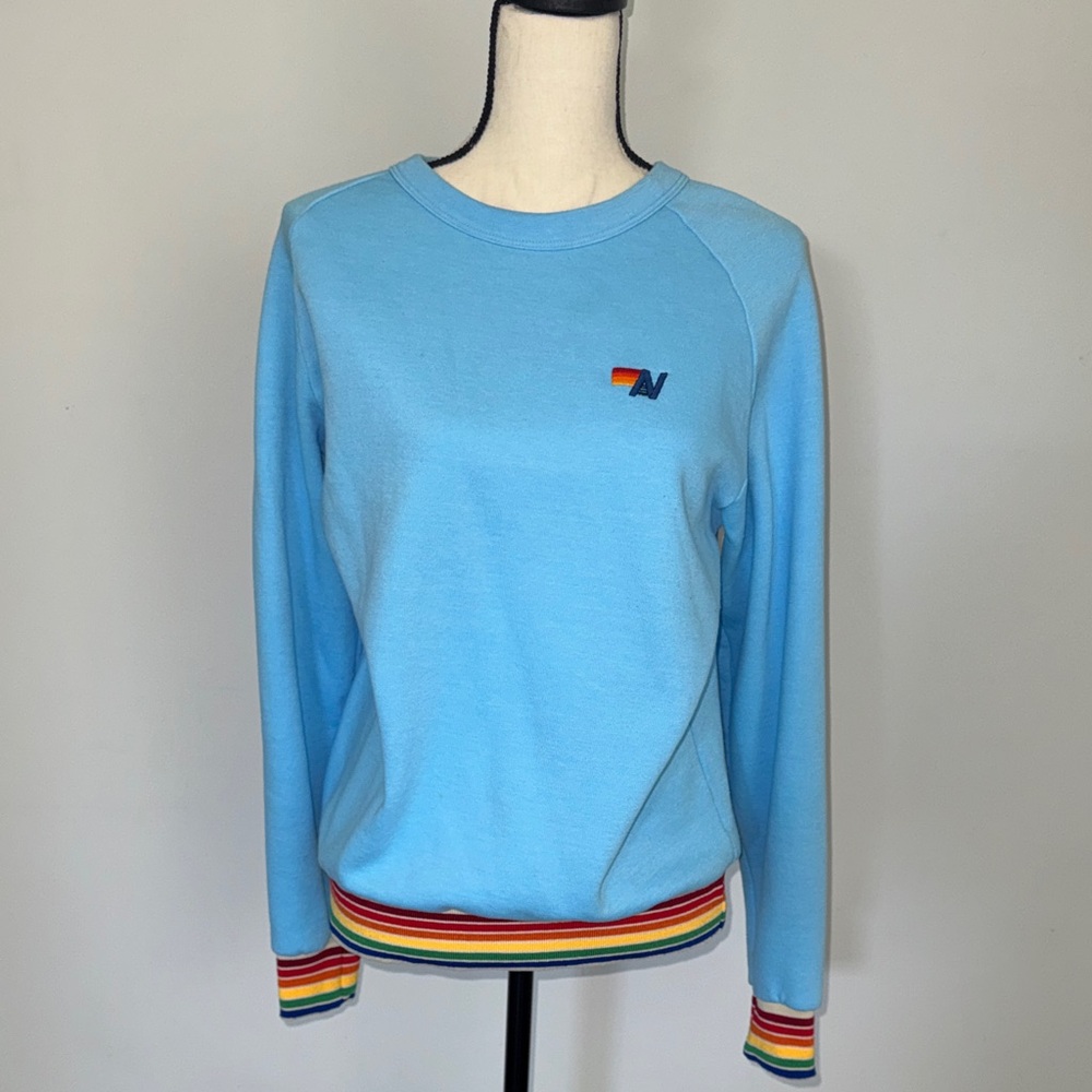 Aviator Nation Light Blue Crew Sweatshirt with Rainbow Trim Sz M
